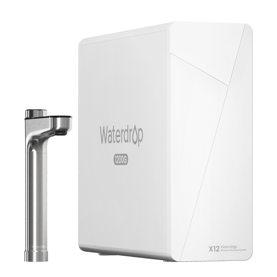 The Waterdrop X12 reverse osmosis system: a slim white tankless unit marked 1200G, shown with its brushed steel smart faucet.